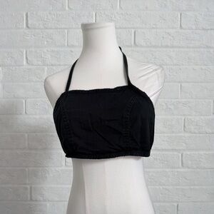 Vintage Black Denim Tie-Up Halter Top | Y2K Minimalist Crop | 90s Grunge Chic S